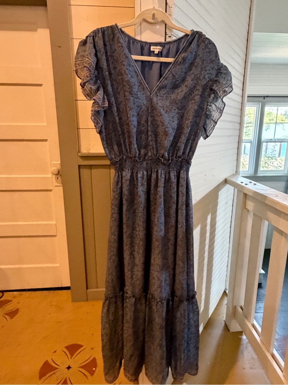 Max Studio L Blue Floral Smocked Waist Boho Maxi Dress
